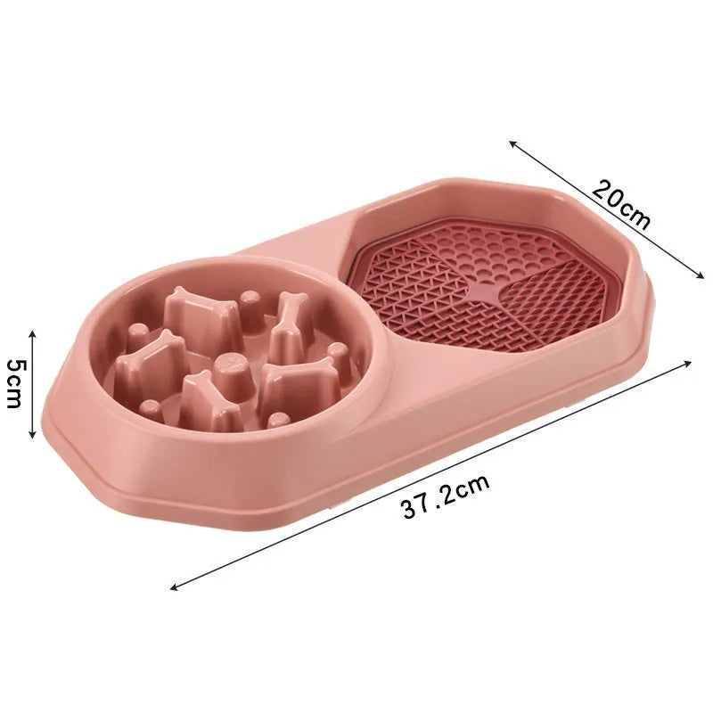 Blue slow feeder dog bowl with maze pattern for anti-gulping, shown with four non-slip pads.