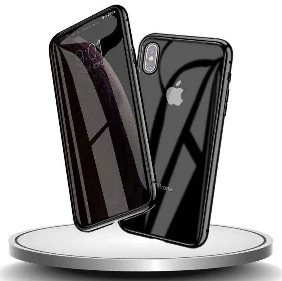 Machined glass anti-spy clamshell case for iPhone in black, silver, red, gold, green, or blue.