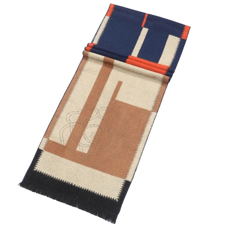 Buddha pattern imitation cashmere scarf in camel, 180x30cm with tassels, warp knit jacquard design