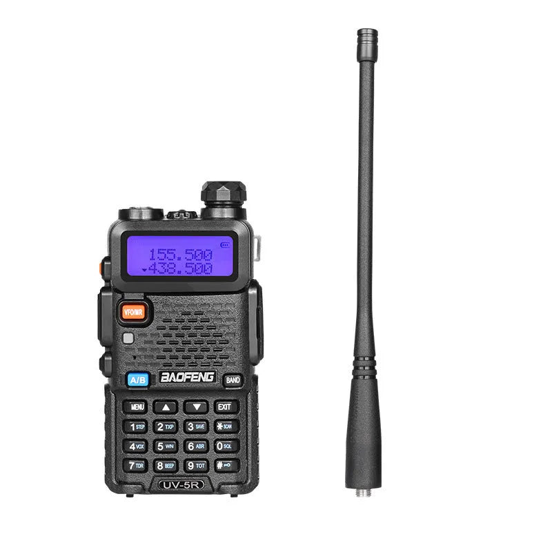 Professional dual-band walkie talkie showing VHF UHF frequency ranges and 128-channel display