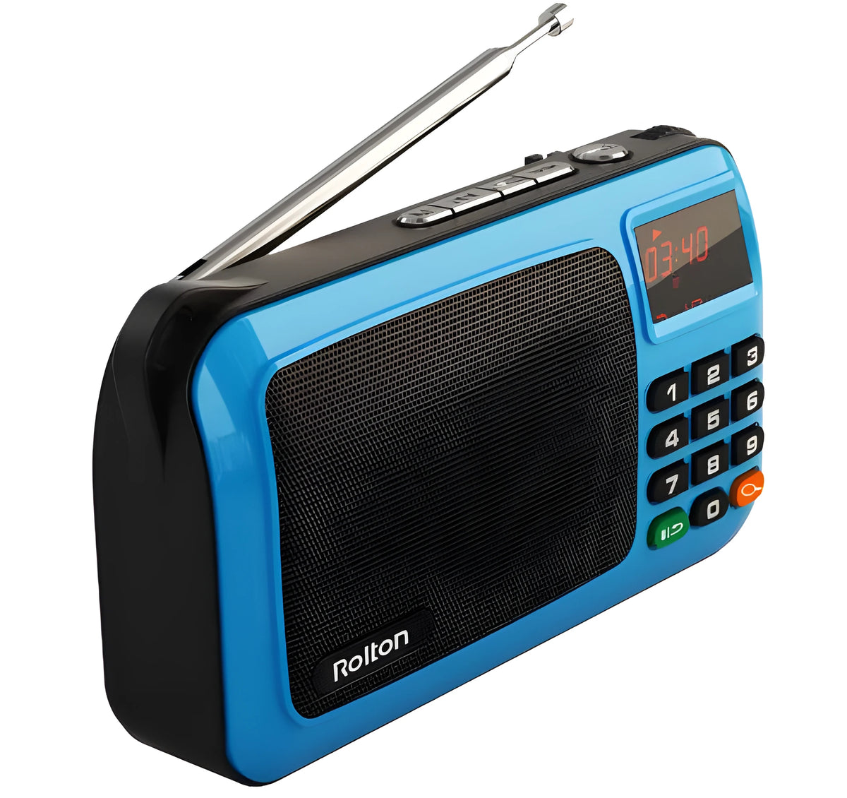 Rolton W405 portable FM radio and MP3 speaker in gold, blue or red colour with LED screen and carrying strap
