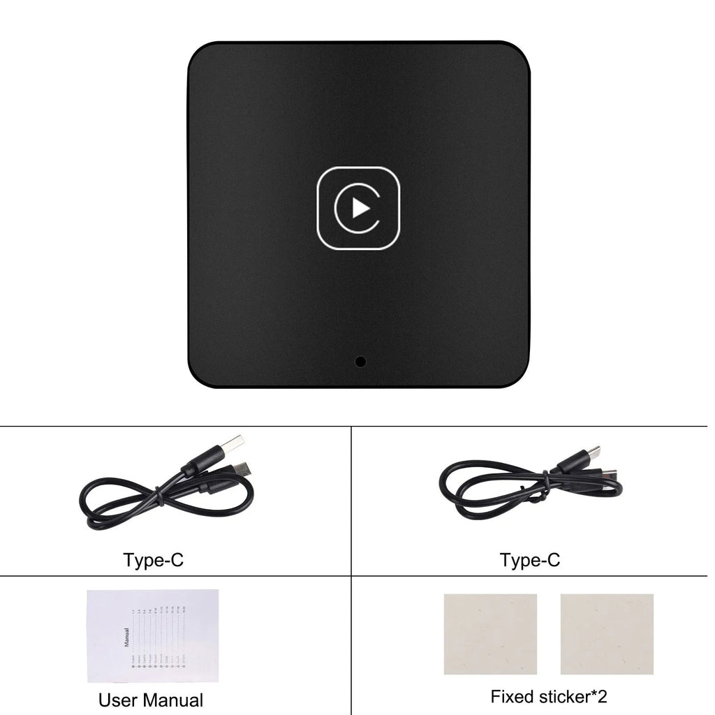 Universal wireless CarPlay adapter module in black with cables and accessories