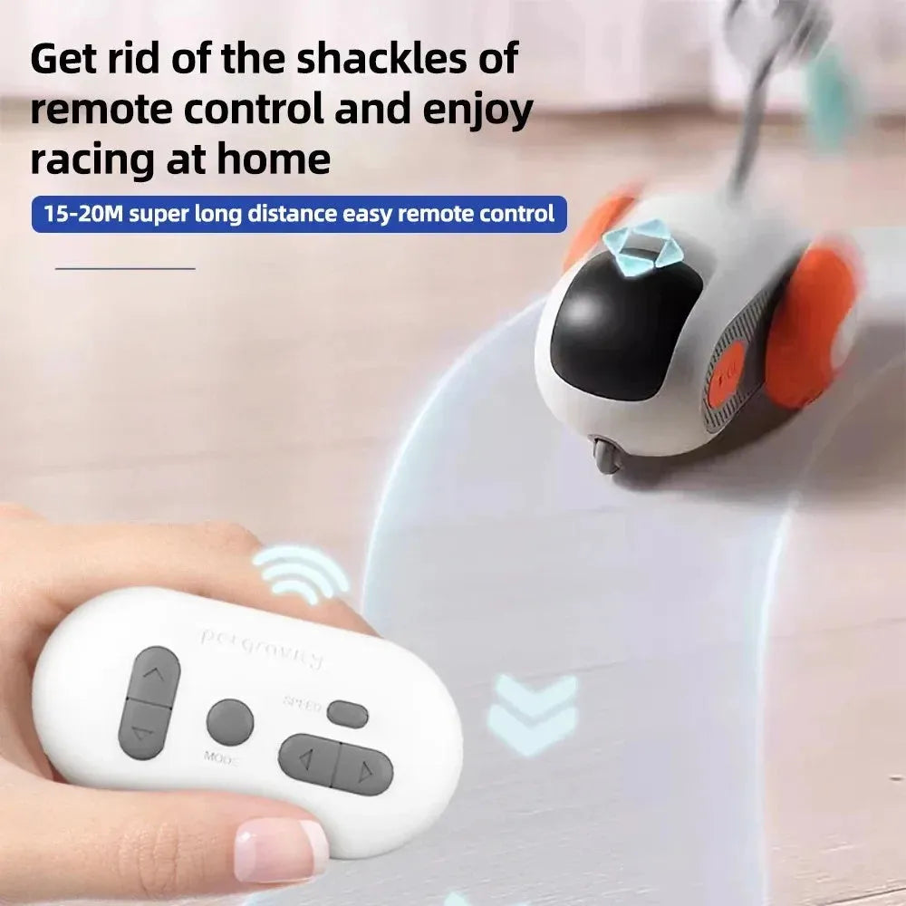 Blue smart cat toy car with feather teaser attachment and remote control