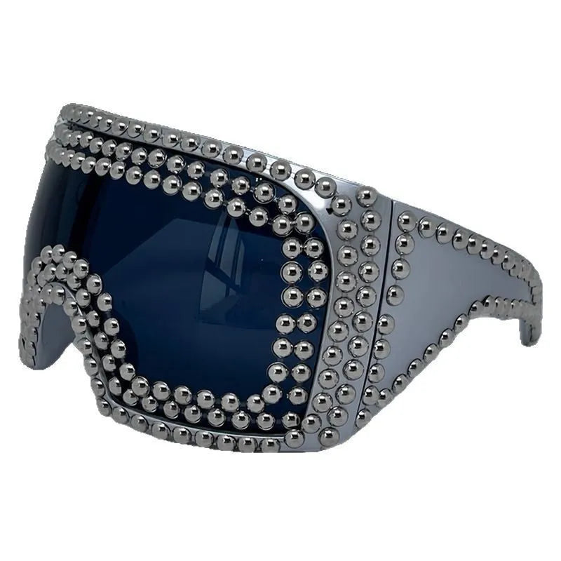 Men's oversized square punk sunglasses with rivet details in silver and gold PC frame