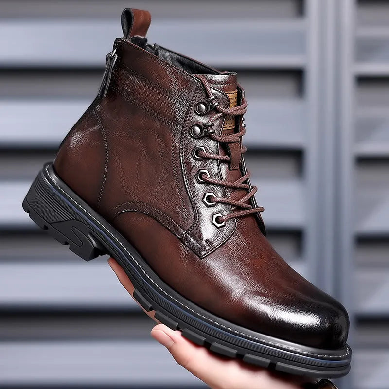 Black or brown patent leather ankle boots with low square heel, rubber sole and high cylinder sock length, sizes 38-44