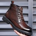 Black or brown patent leather ankle boots with low square heel, rubber sole and high cylinder sock length, sizes 38-44