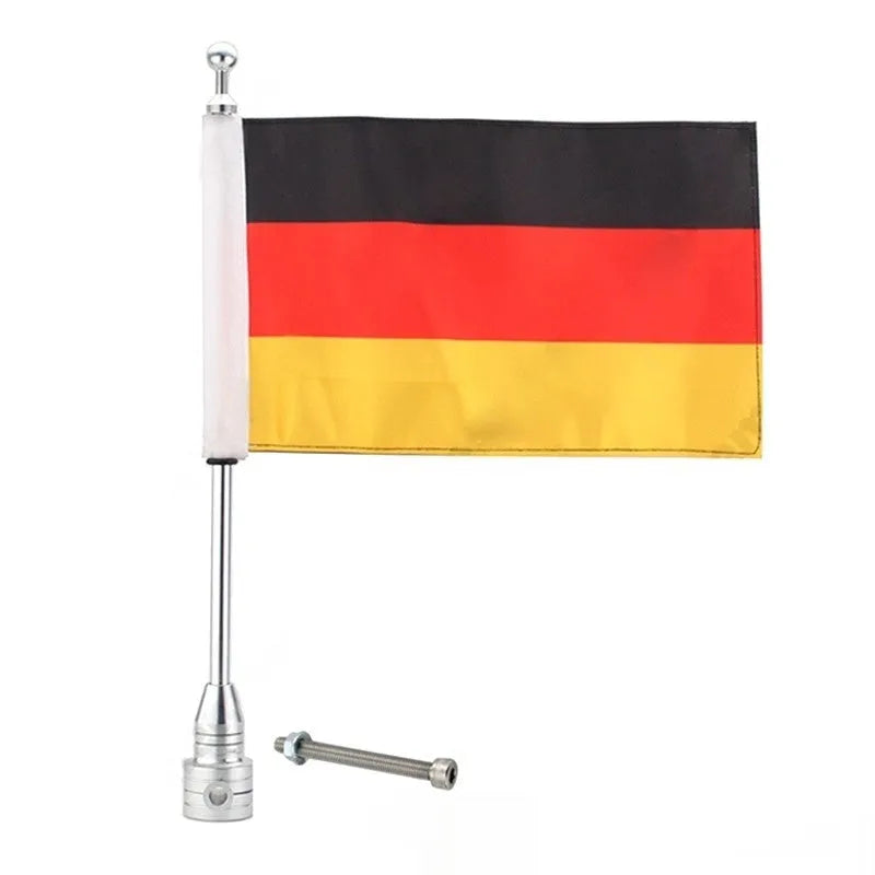 Motorcycle luggage box flagpole for mounting flags on panniers and tail boxes