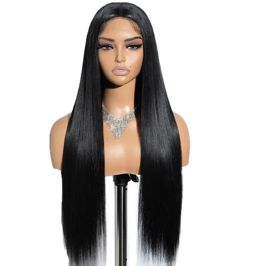 A glueless human hair straight wig with side bangs, shown in a long length.