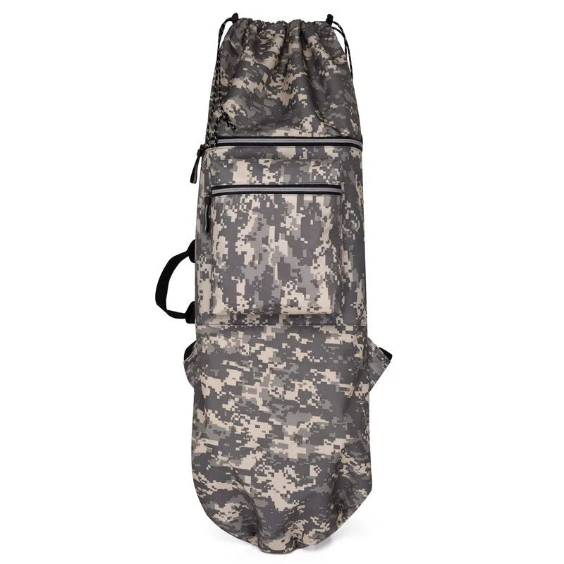 Lightweight waterproof skateboard backpack in black nylon with skateboard storage compartment