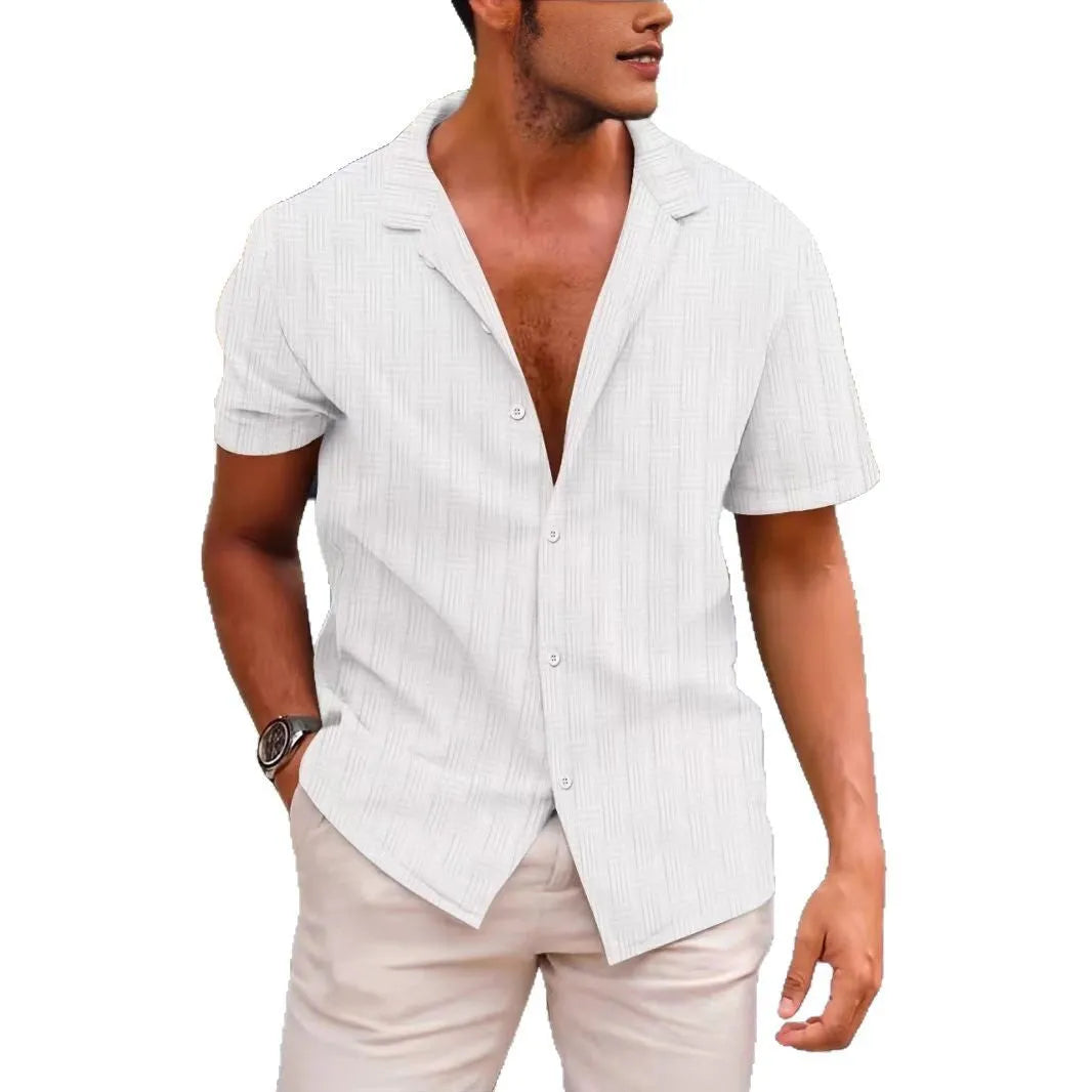 Corduroy British-style shirt cardigan in solid colour with short sleeves and button front