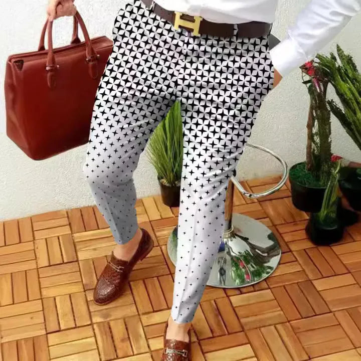 Men's slim-fit plaid casual trousers with 3D printed pattern and straight-leg design