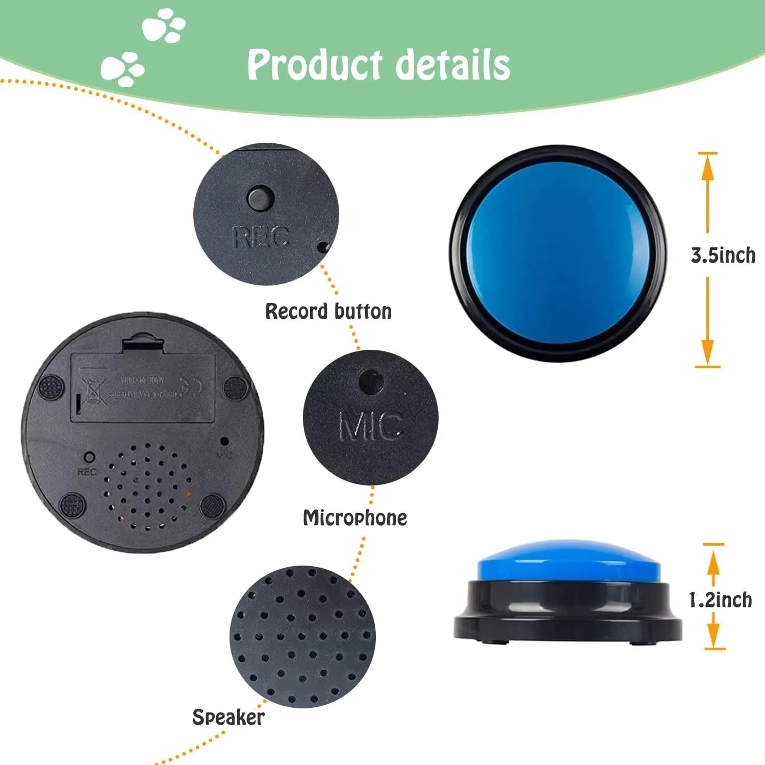 Voice recording pet training button with colour options and USB charging port