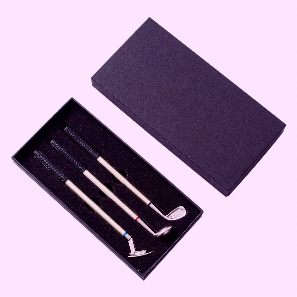 Three metal golf-themed ballpoint pens with 0.7mm bullet-type points.