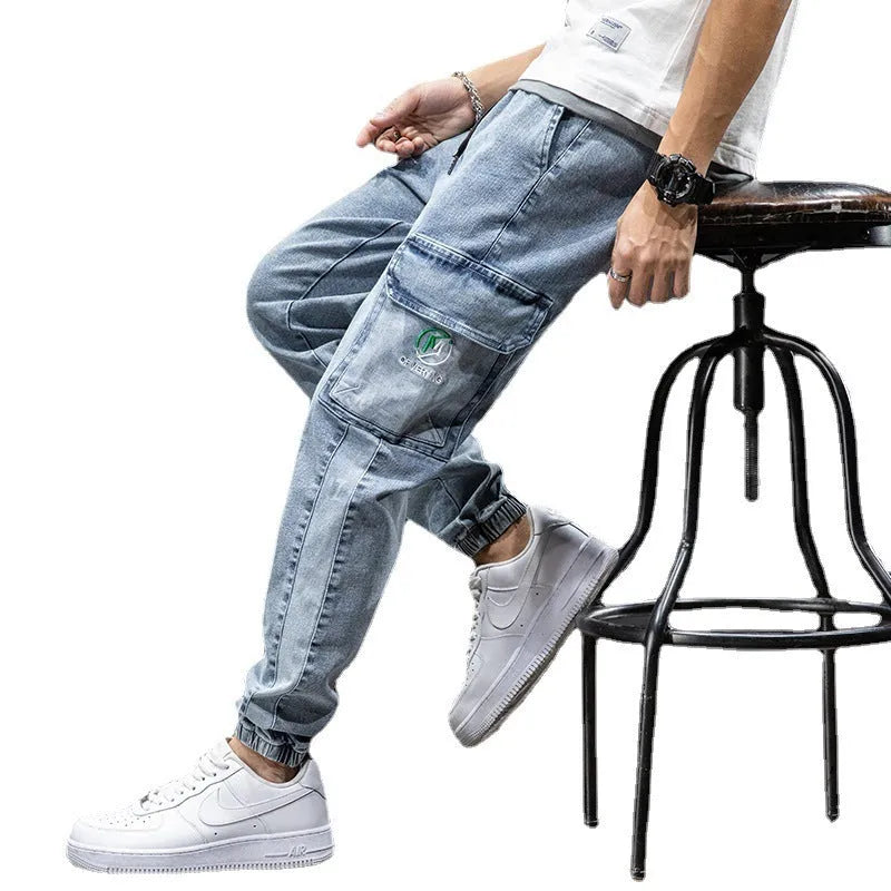 Men's loose cargo casual jeans in micro-elastic cotton with Korean-style straight cut and non-ironing finish