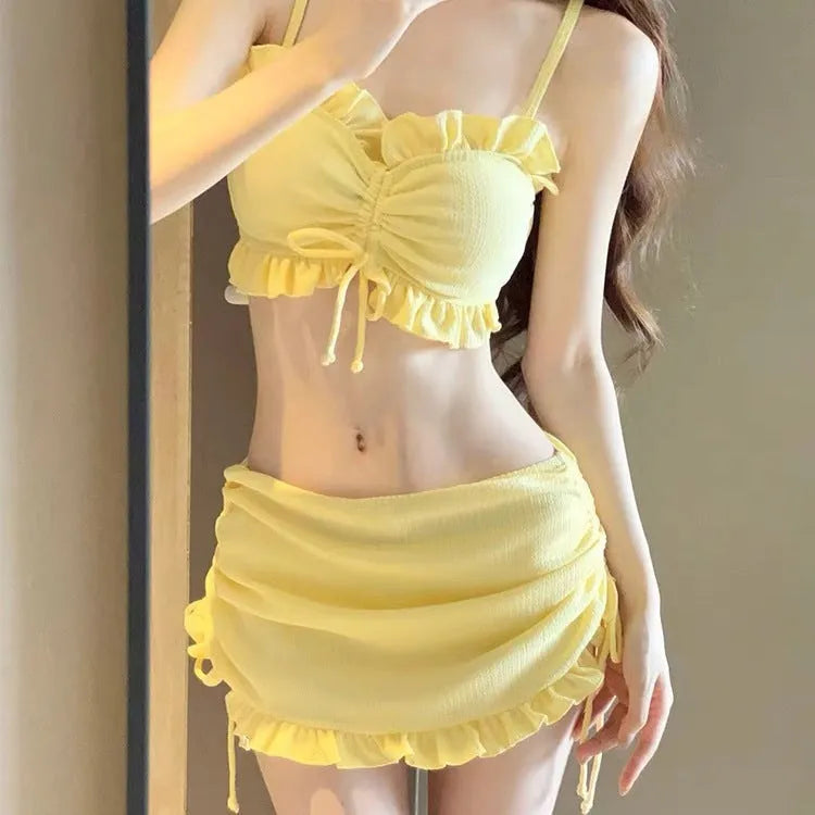 Women's milk silk bikini swimsuit in solid colour with split design for swimming