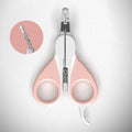 Grey and pink cat nail clippers with angled blade and safety guard for small pets.