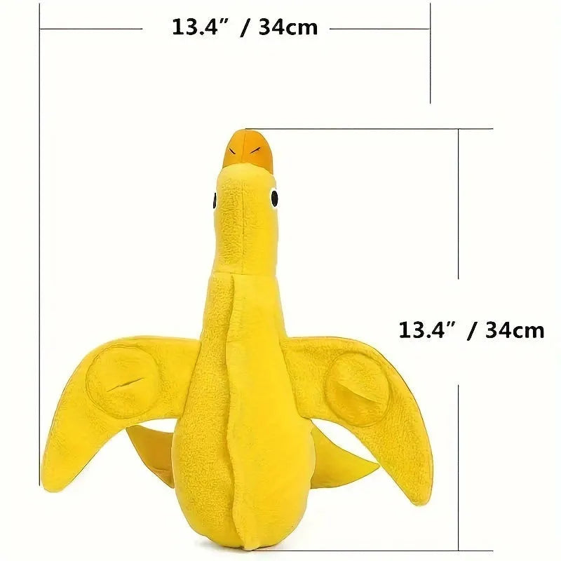 Yellow teddy duck dog toy with food leak openings and squeaker for training and chewing