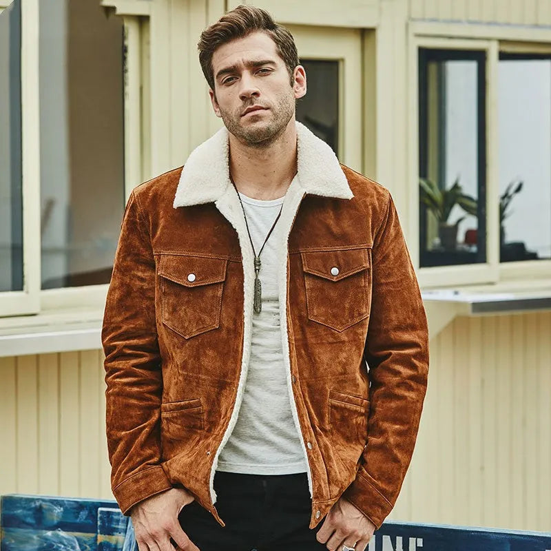 Men's brown genuine pigskin leather cotton padded jacket with lapel collar