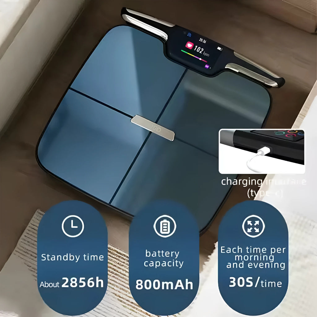 Black eight-electrode intelligent body fat and health monitoring scale on a floor.