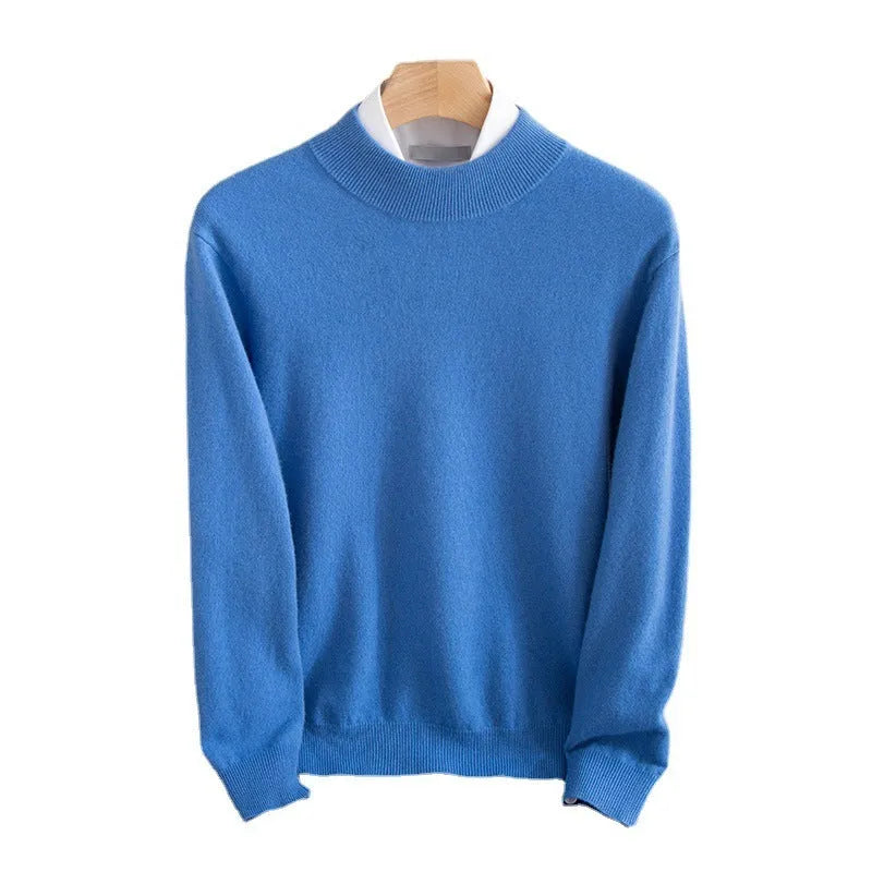 Men's chunky knit half-turtleneck wool sweater in camel colour with cable stitch detail.