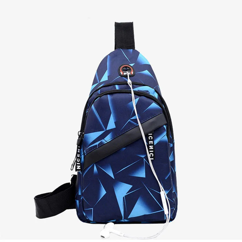Men's medium blue Oxford cloth crossbody bag showing earphone hole and zipper opening.
