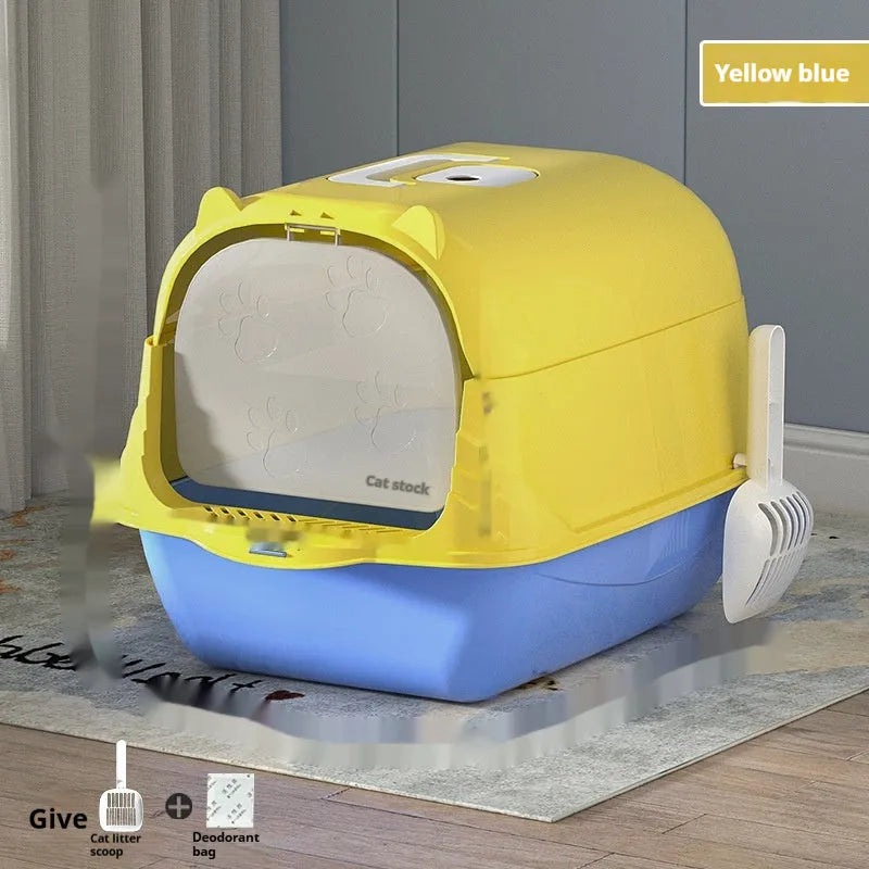 Oversized enclosed cat litter box in PP, shown in Gray, Yellow Blue, Blue, Pink, Purple and Black colour options
