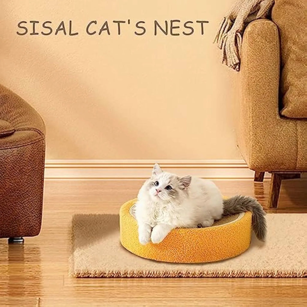 Round yellow sisal cat scratching board with concave centre bed for small breeds