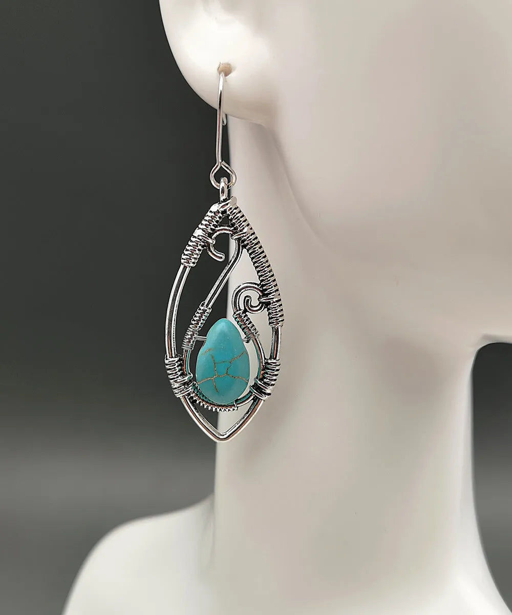 Retro geometric ellipse earrings in antique silver turquoise with lapis string winding, one pair