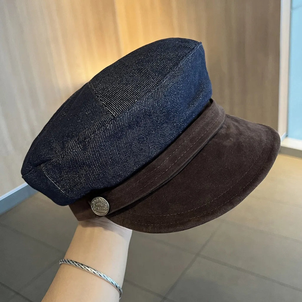 Dark blue denim newsboy hat with octagonal crown and contrasting brim