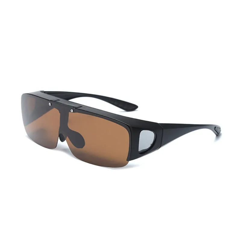 Pair of polarised myopia sunglasses with a one-piece frame, shown with dark lenses for outdoor sports use.