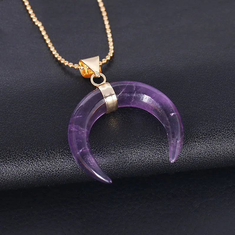 Pink or purple natural crystal moon pendant necklace on a 45cm copper chain.