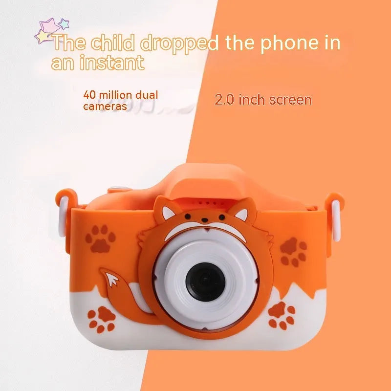 HD Cartoon Children's Digital Camera in blue or orange, showing compact size and included lanyard.