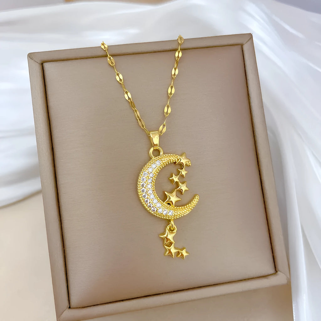 Stainless steel moon pendant necklace with geometric diamond pattern and copper accent