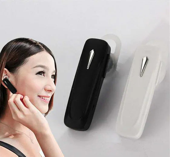 M163 car Bluetooth headset in black and white colour options showing call and music control buttons.