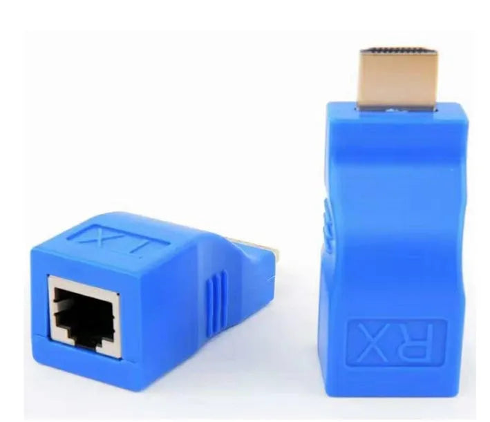 Compact black HDMI extender transmitter and receiver units for use with Cat-5e or Cat-6 cable.