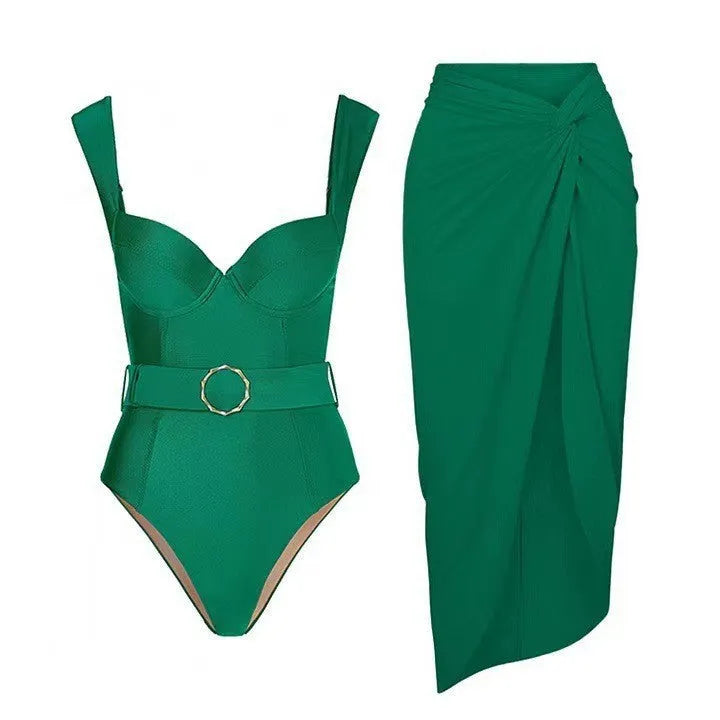 Women's one-piece swimsuit with gauze skirt in polyester fabric showing double shoulder design