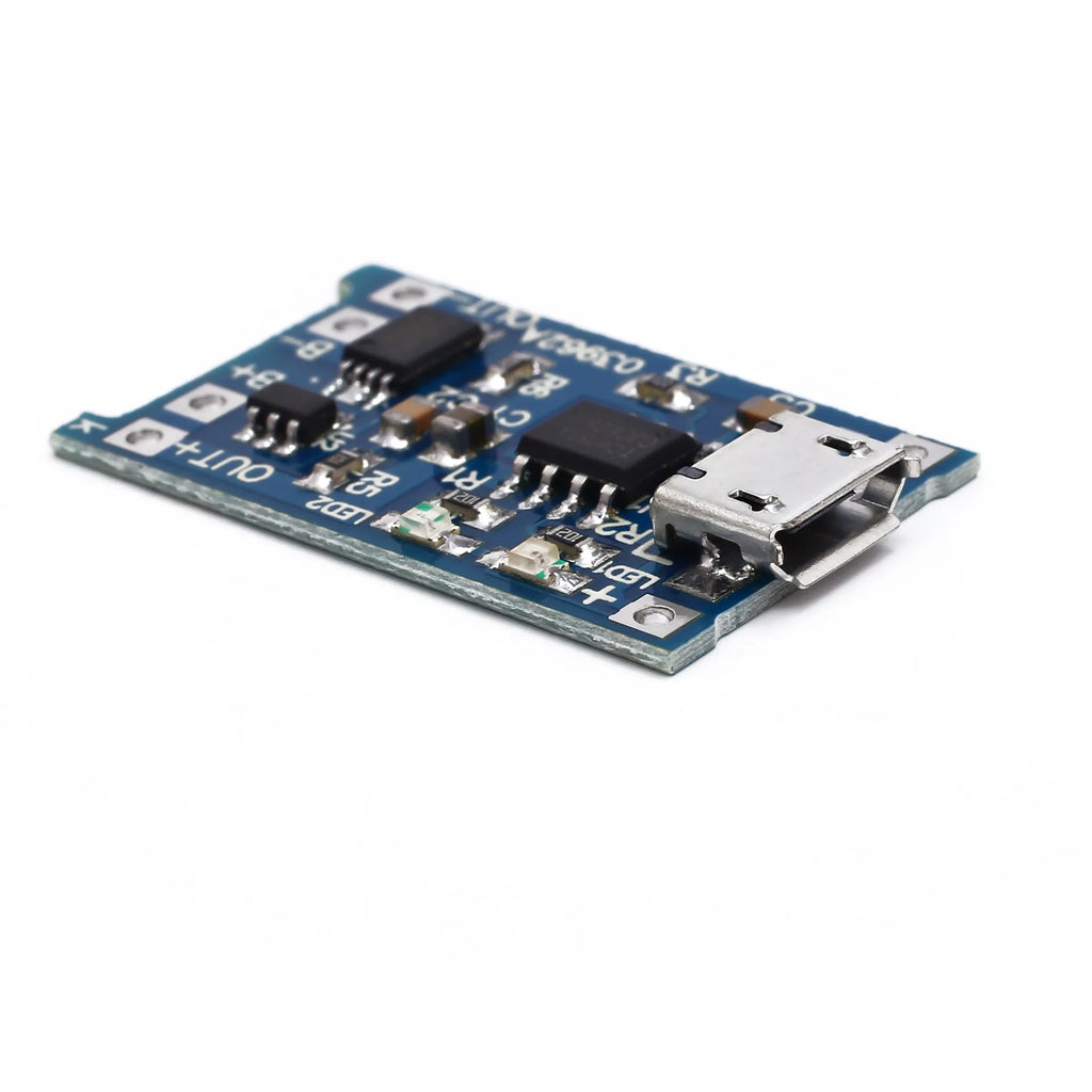 Blue lithium battery charging and protection integrated circuit board measuring 26x17mm