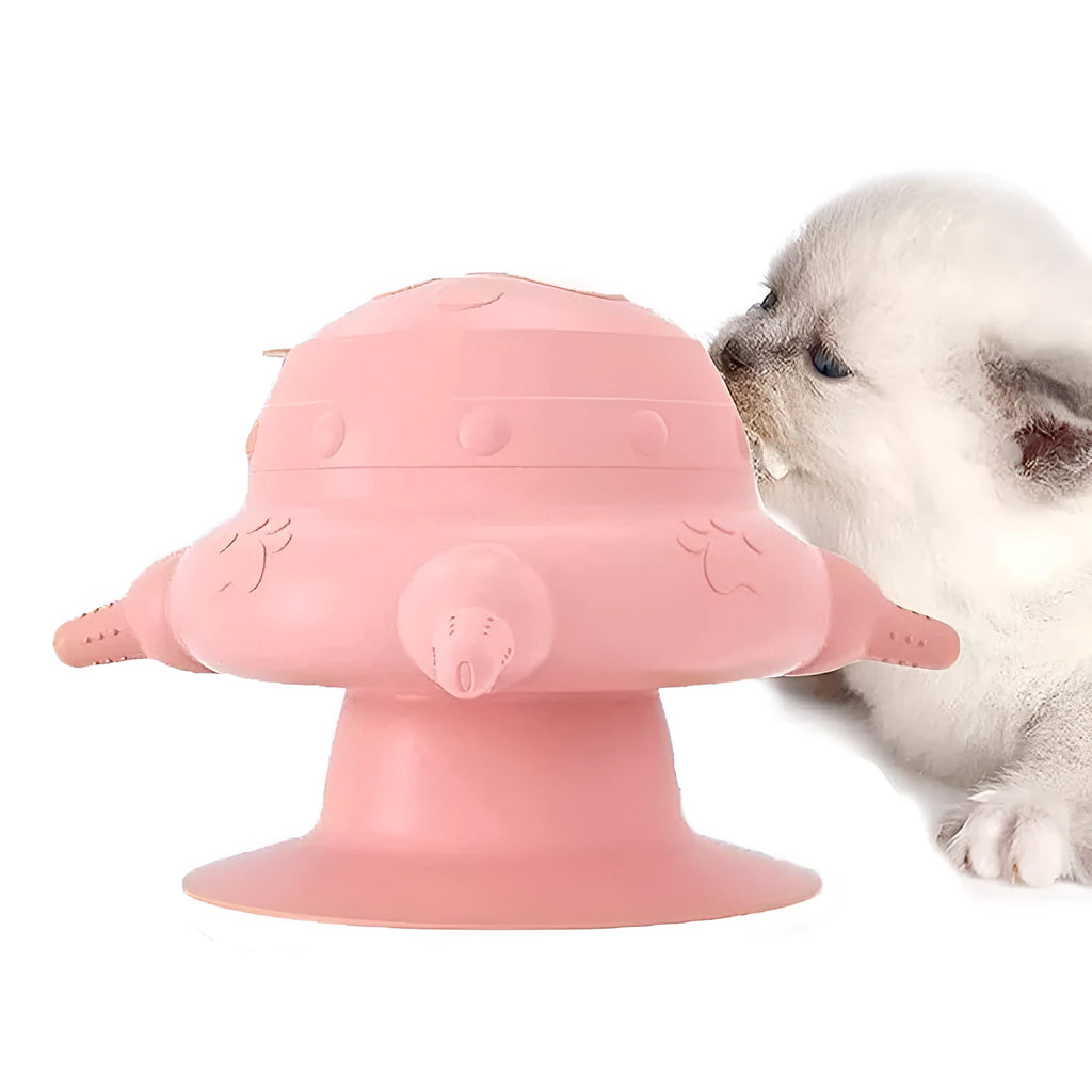 Pink silicone pet nursing bottle with breast-shaped milk bowl and four pacifiers for puppy and kitten feeding