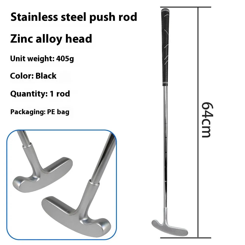 Stainless steel golf putter with pattern grip and double-sided sleeve, shown in a choice of colours and lengths