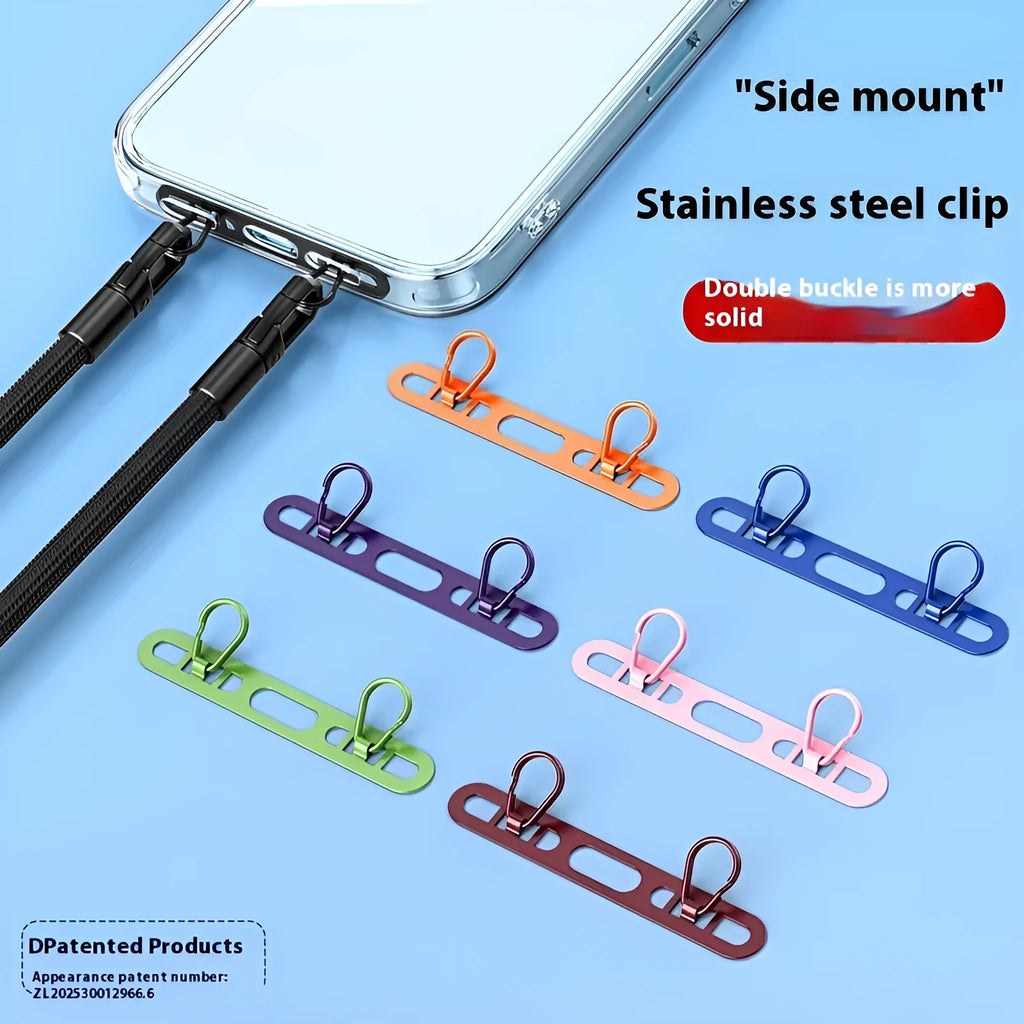 Mobile phone lanyard connector in metal with electroplated finish, side hanging clip and double buckle gasket.