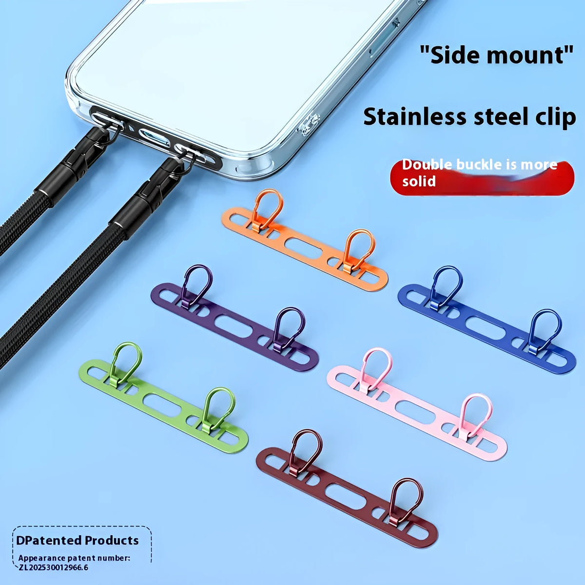 Mobile phone lanyard connector in metal with electroplated finish, side hanging clip and double buckle gasket.