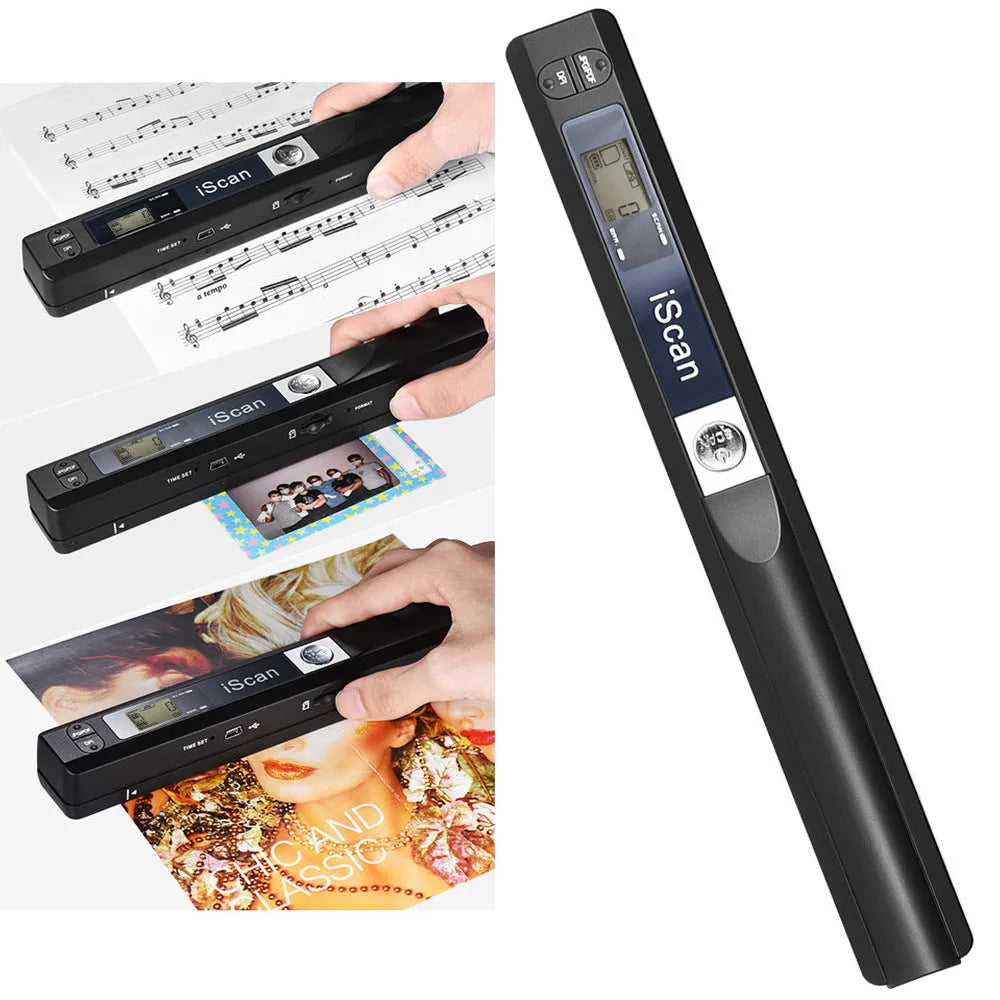 Handheld plastic barcode scanner shown in available black, blue, green, red, and silver colour options
