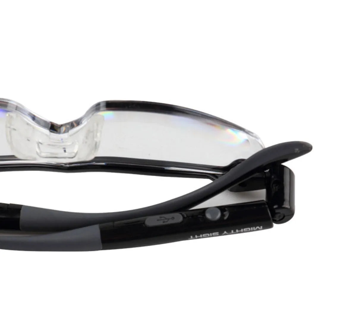 Transparent black USB LED reading glasses with scheduled illumination feature and ABS frame