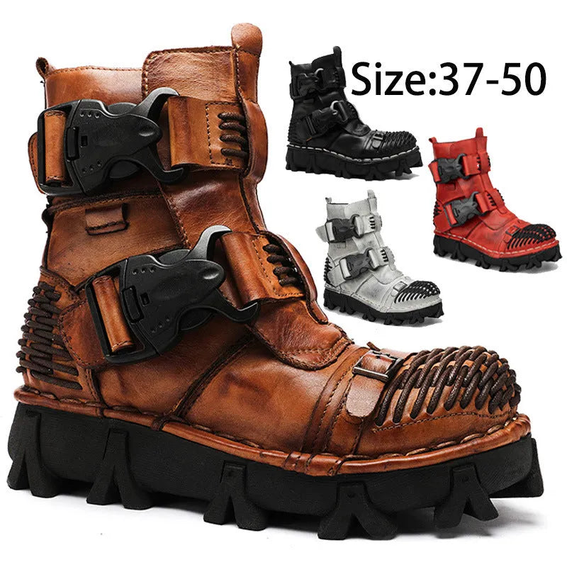 Men's cowhide motorcycle boots, mid-calf lace-up, black or brown leather upper, rubber sole