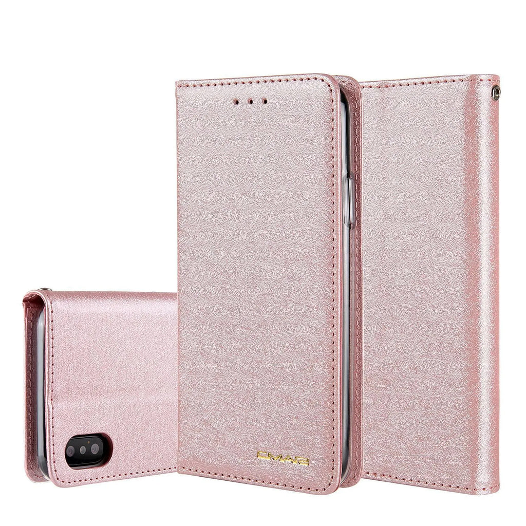 Apple iPhone flip case in PU leather with a built-in card slot, shown in various colours.