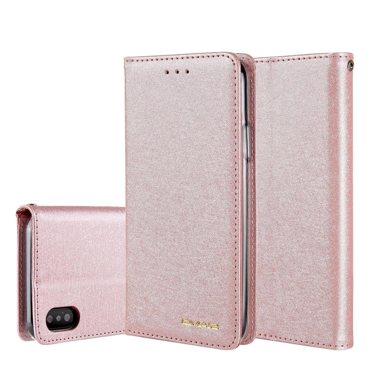 Apple iPhone flip case in PU leather with a built-in card slot, shown in various colours.