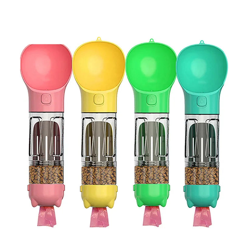 300ml multi-functional pet water bottle in yellow with side poop shovel and bottom garbage bag compartment