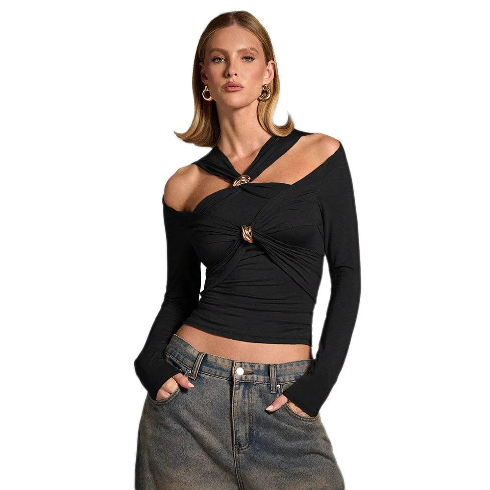 Black women's halter top with slim fit and shoulder-baring neckline.
