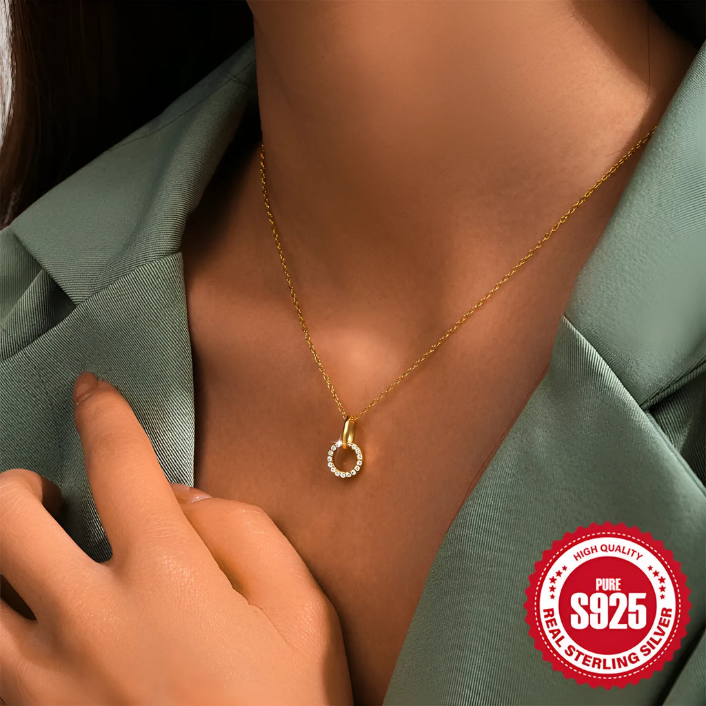 Gold tone S925 sterling silver clavicle chain necklace with interlocking micro inlaid zircon pendant