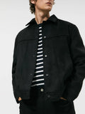 Black men's hooded jacket with a suede collar and side pockets.